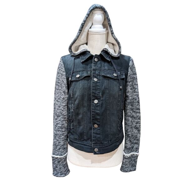 Free People Women's Black & Grey Distressed Denim Jacket Knit Sleeves Size S - Picture 2 of 11